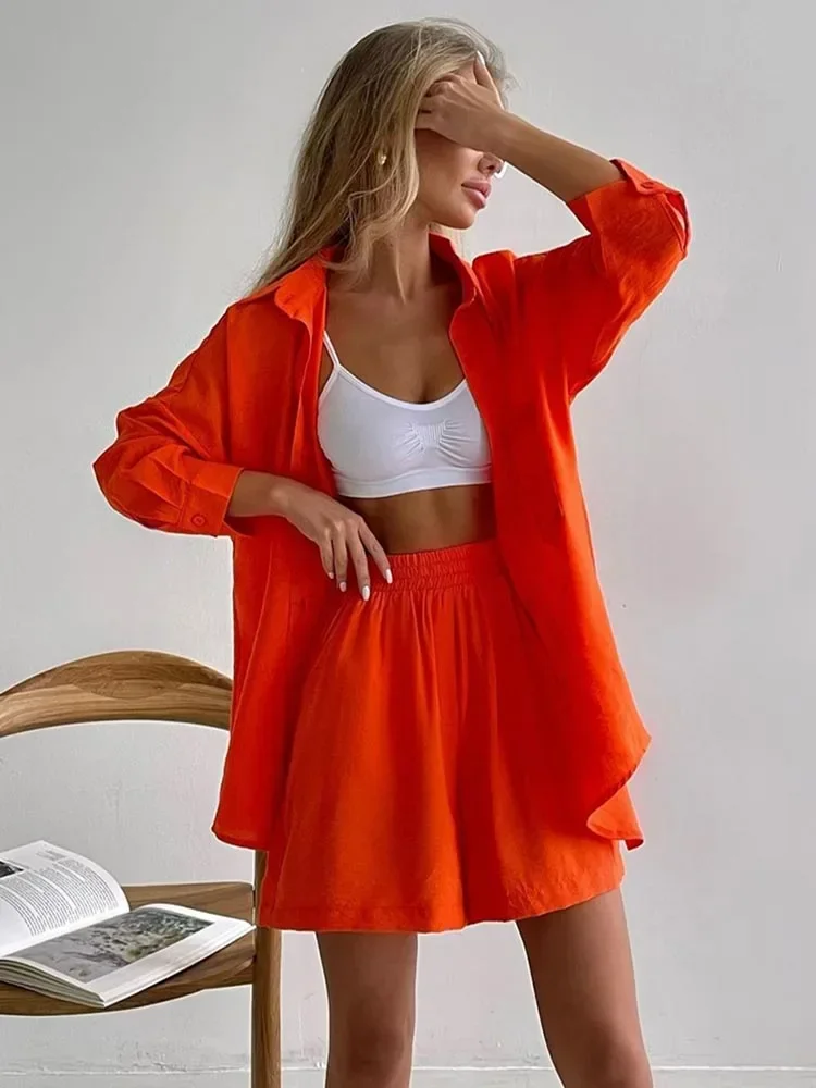 Sommer damesæt med skjorte og shorts i ensfarvet, afslappet bluse og shorts i bomuld og hør, todelt sæt til kvinder: S / Orange rød