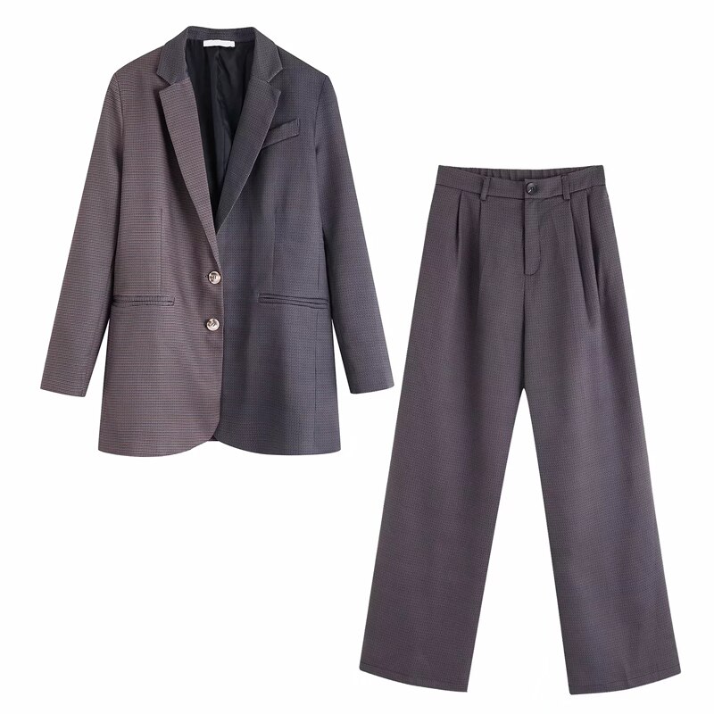 Autumn Winter Vintage Plaid Two Pieces Set Women Long Blazer Jacket Outwear & Wide leg Pants Office Pant Suits Female Trousers