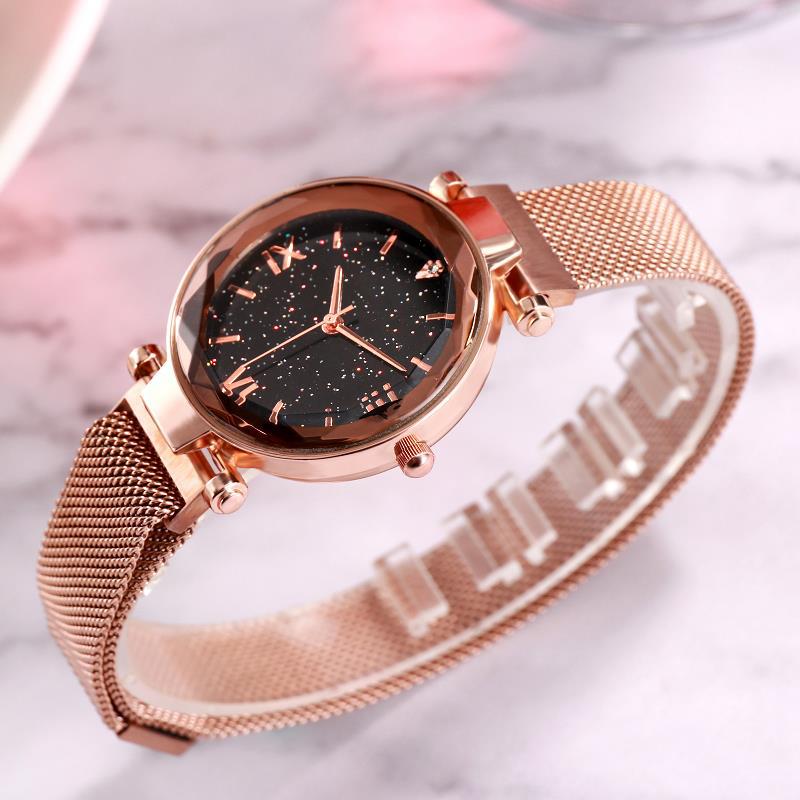Luxe Vrouwen Armband Horloges Magnetische Gesp Mesh Band Romeinse Display Star Sky Dames Student Jurk Quartz Horloge: Rose