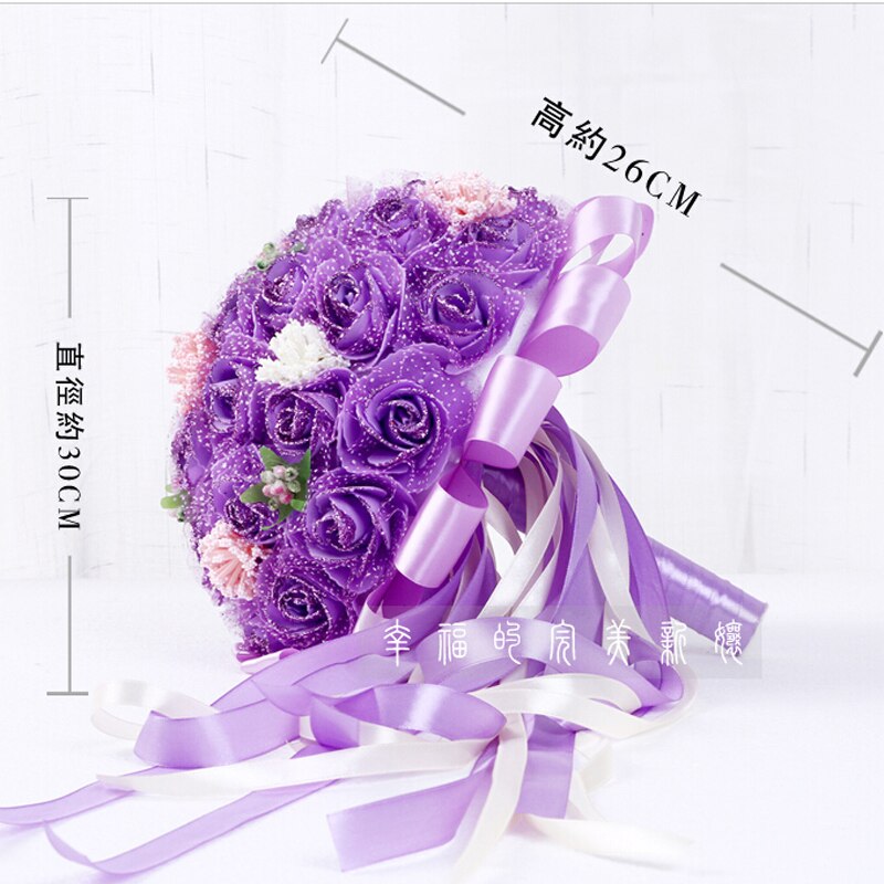 Fioletowy bukiet ślubny sztuczne 45 sztuk sztuczny kwiat róży z wstążka duży bukiet ślubny kwiaty druhny suknie ślubne uchwyt na