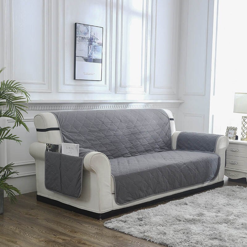 Gewatteerde bankhoes woonkamer waterdichte antislip bankhoes relaxfauteuil hoes opbergzak fauteuil meubelbeschermer 1/2/3- zits: Grijs / 3 -zits (178 x 195cm)