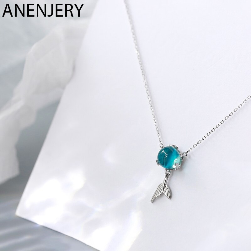 Anenjery sierlijke blauwe kristallen visstaartketting voor vrouwen, zilveren ketting met sleutelbeenketting voor verjaardagen -n677