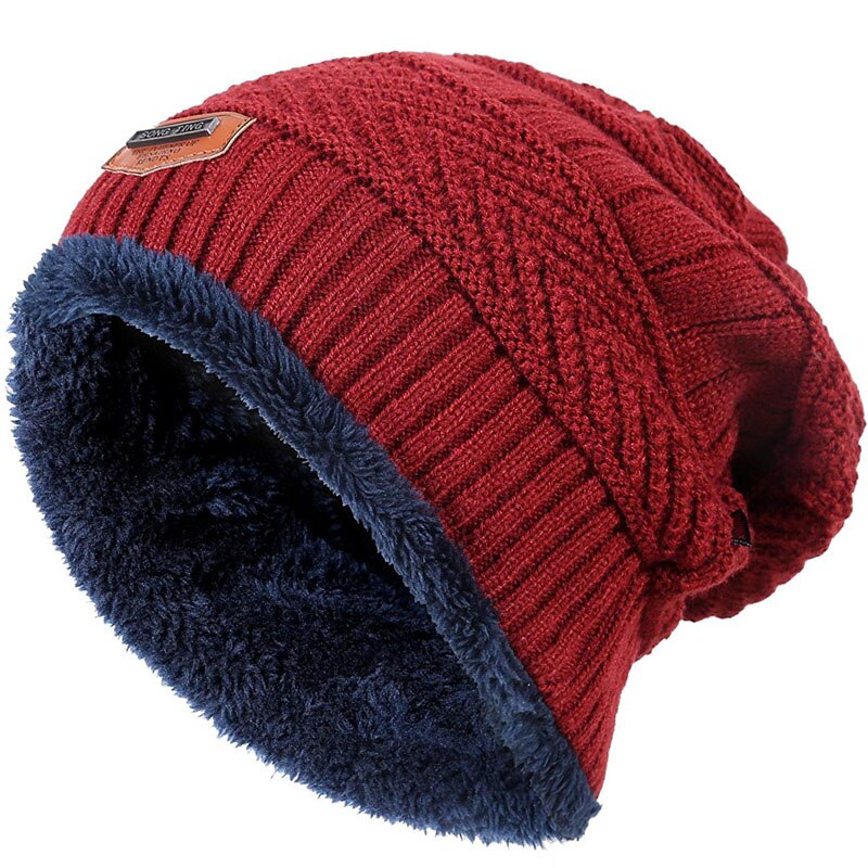 Men Warm Winter Knitted Beanie Hat Fleece Sullies Cap Black Male Casual Thick Soft Head Warmer