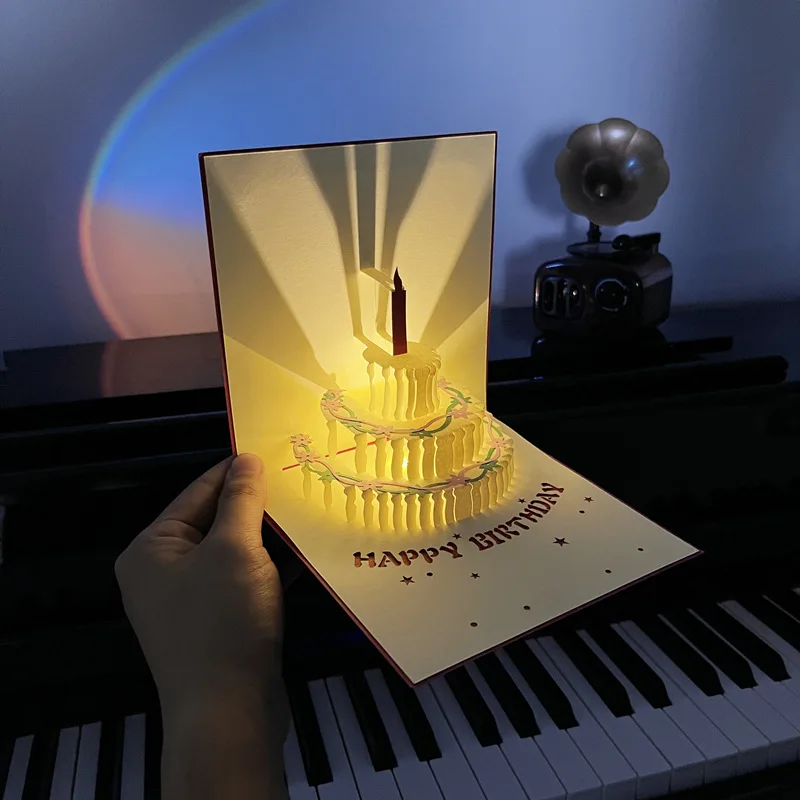 3D-Geburtstagskarte mit leichter Musik, Pop-Up-Kuchen, kreative Grußkarte, alles Gute zum Geburtstag, Party, , Nachrichtenkarten