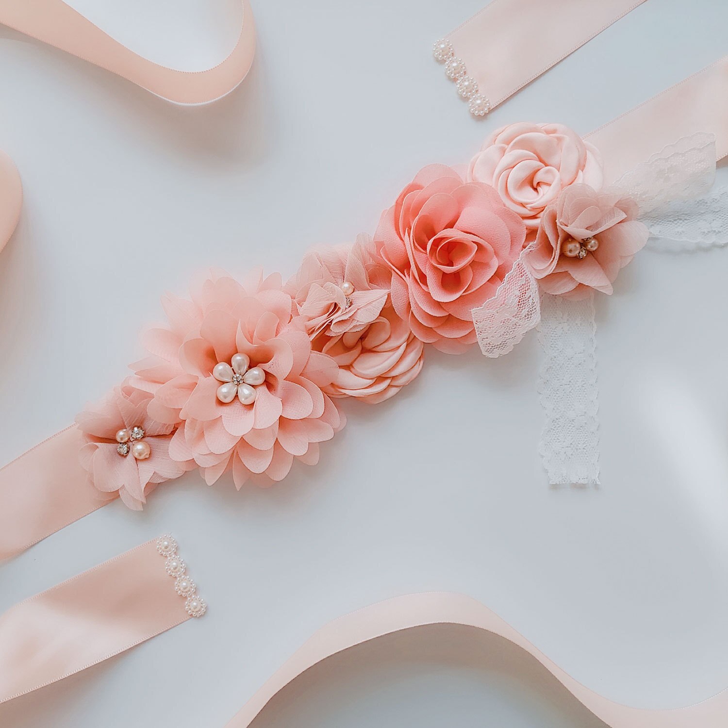 Womens Five Flower Belt Flower Girl Rhinestone Beaded Waistband Bridal Ribbon Cummerbunds Lace Sashes Wedding Waist Belt