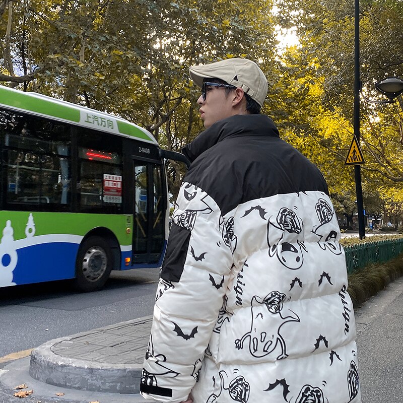Lappster herr japansk streetwear svart pufferjacka herr harajuku patchwork vinter bubbelrockar manlig spöke hip hop parka: Beige / Xxl