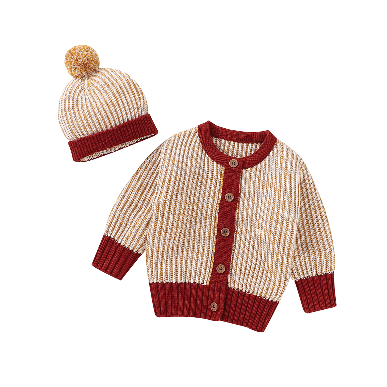 0-18M Casual Peuter Baby Jongen Meisje Jassen + Hat Winter Fall Gestreepte Gebreide Knop Lange Mouw top Uitloper Trui: A / 3M