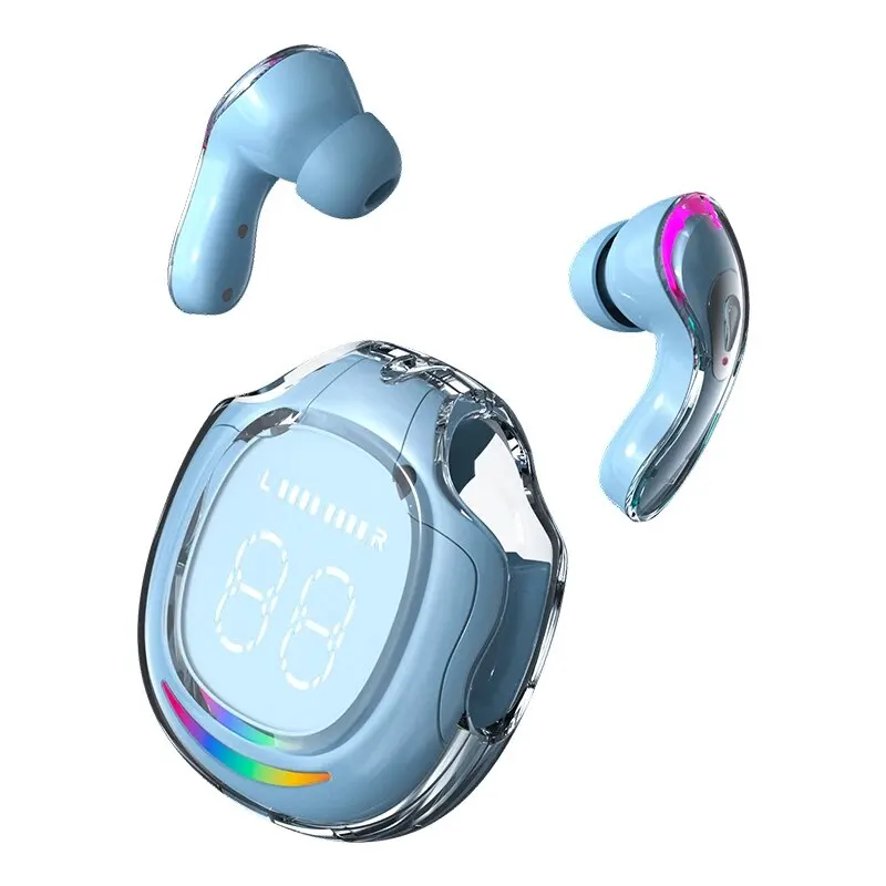 PRO T8 Wireless Bluetooth Headset Transparent ENC Headphones LED Power Digital Display Stereo Sound Earphones for Sports Working: Blue