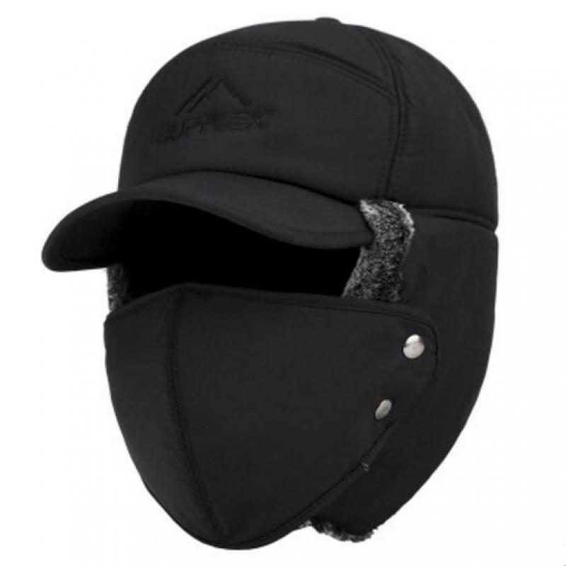 Gorro de esquí con protección para la oreja para hombre y mujer, gorro de terciopelo grueso, térmico, a prueba de viento, para invierno,: black