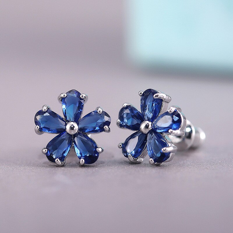 Moda simples flor zircão brincos para as mulheres orelha jóias feminino acessórios feminino doce colorido cristal brinco de casamento novo: blue