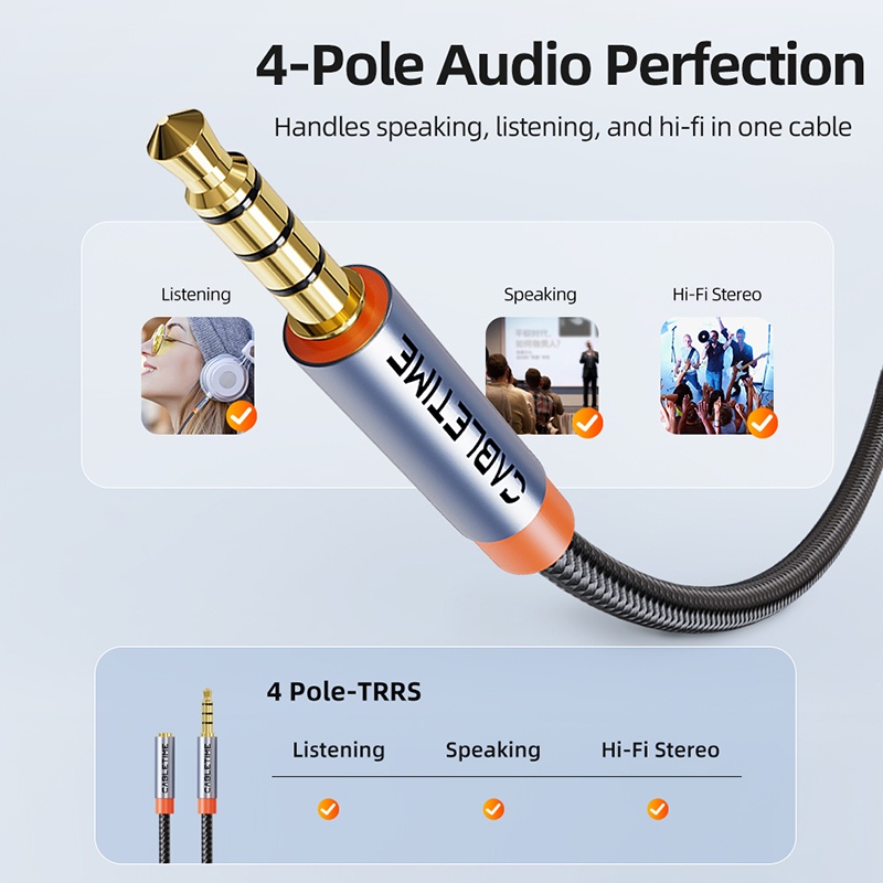 CABLETIME Cable auxiliar de 3,5 mm Cable de extensión Cable de micrófono de audio Cable conector HiFi de 3,5 mm para teléfono Altavoces de audio Auriculares
