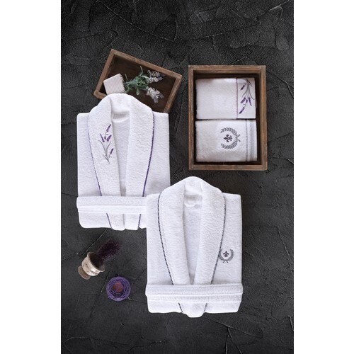 Nakkısh Embroideried Cotton 4 Piece Bathrobes SET-Lavender MEN WOMEN SET FAMILY COMBINED SOFT TEXTURED WHITE BATH TURKISH