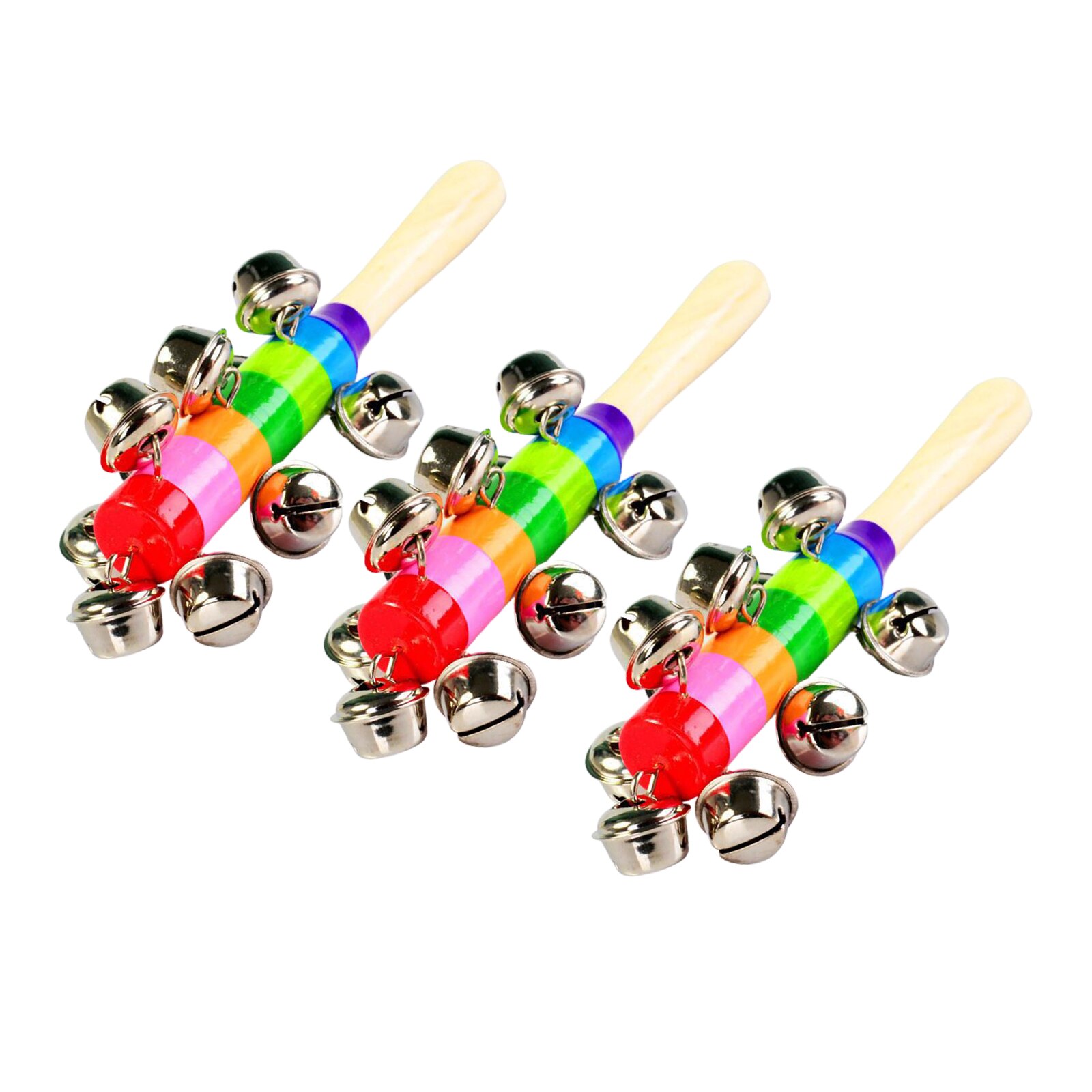 3Pcs Wooden Jingle Hand Bells, Rainbow Hand Held Bells Jingle Stick Shaker