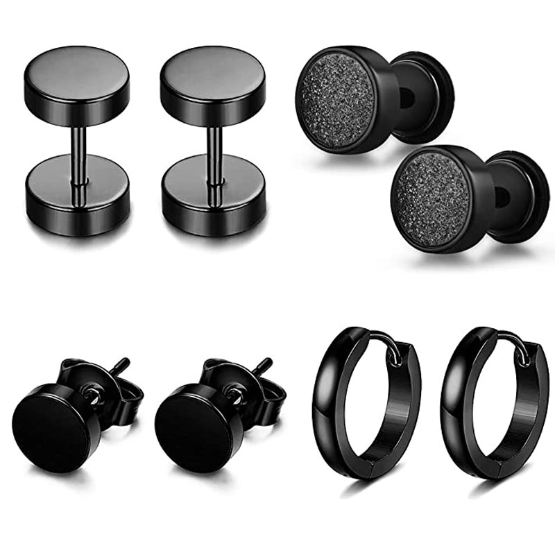 4 Pairs Mens Black Round Disc Huggie Hoop Stud Earrings Stainless Steel Faux Gauges Ear Tunnel Piercing Hypoallergenic Jewelry