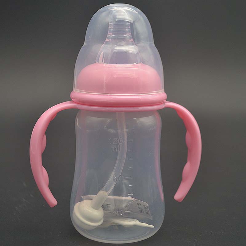 120ml nappflaska pp flaska med handtag standard kaliber amningsflaska bröstmjölksflaska nippel: Rosa