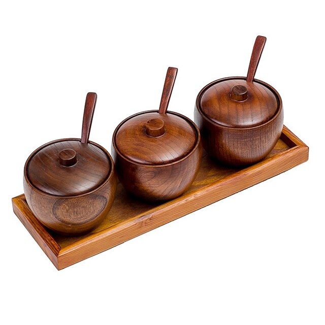 Wooden Condiment Container Seasoning Box Set Condiment Canisters Pots with Wooden Spoon Lid and Base,Secure Durable Organization: 3PcsSet