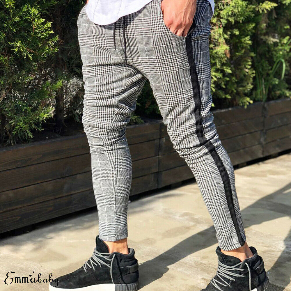 Miehet stretch skinny slim fit housut kontrasti ruudullinen housut miesten smart casual housut punainen vihreä harmaa: Xl / Harmaat raidat