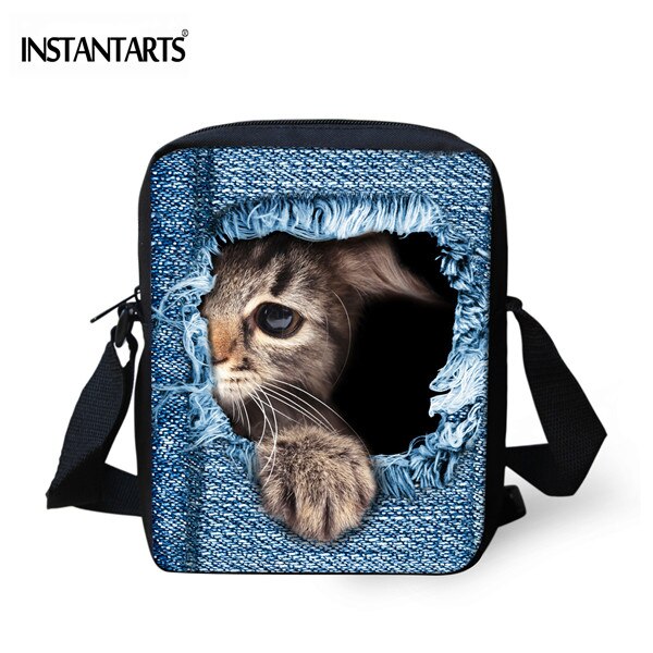 Instantarts Kawaii 3D Denim Kat Print Vrouwen Mini Messenger Bag Mode Dames Reizen Schoudertas Cross Body Bags: C3302E