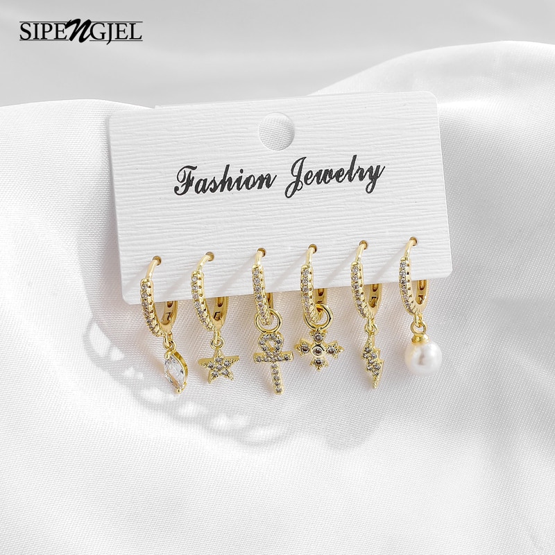 étoile croix foudre perle boucles d'oreilles ensemble de cristal petit cerceau boucles d'oreilles ensembles bijoux accesorio