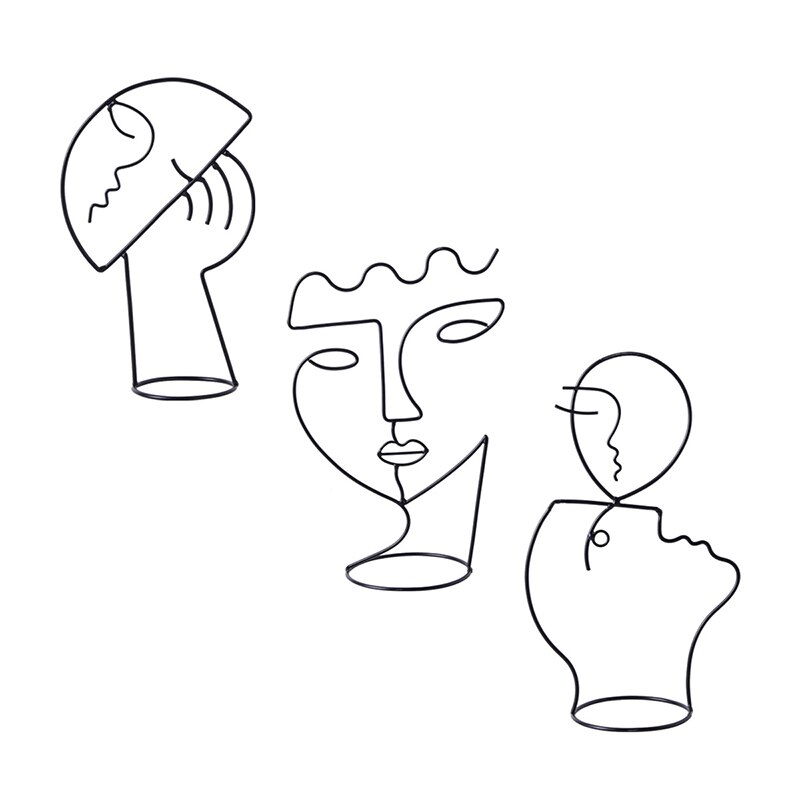 Ornements nordiques en fer forgé, Sculpture de personnage abstraite, support à bijoux d&#39;art du visage, lignes métalliques rétro, artisanat de décoration pour la maison