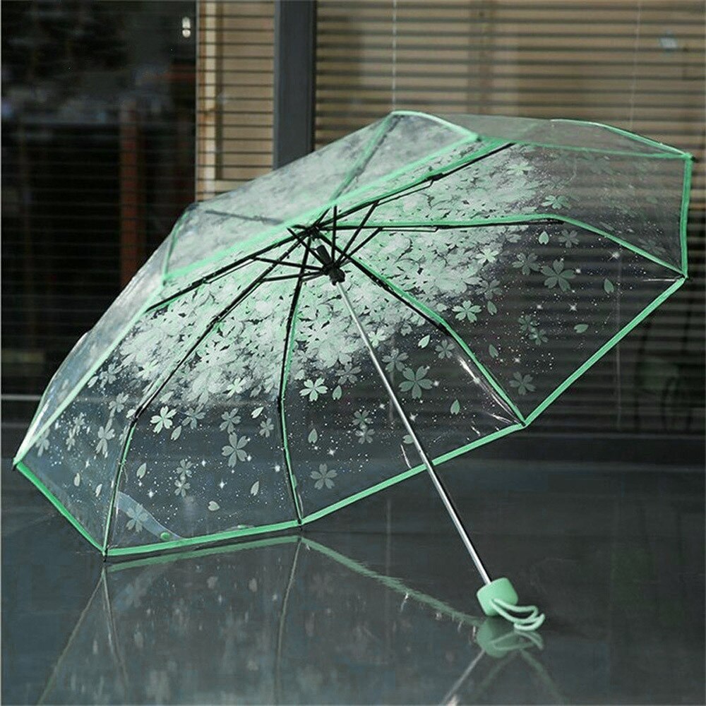 Paraply sommersol og regn brug paraply gennemsigtig klar paraply kirsebærblomst champignon apollo sakura paraply blå  d0: Grøn