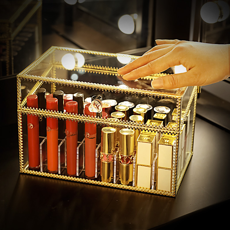 Chic Acryl Glas Make Organizer Opslag Lippenstift Makeup Nagellak Case Houder Display Rack Golden 24 grids lipstick houder