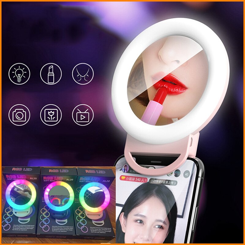 LED RGB Clip on Selfie Ring Light Rechargeable Battery ringlight for Smart Phone Camera Round Shape lighting hoops with mirror