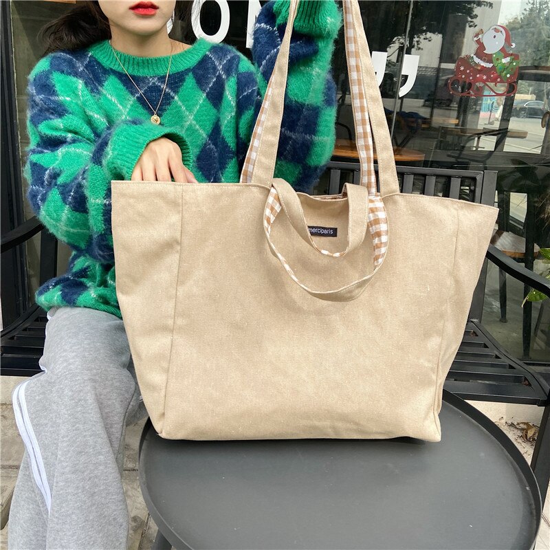 Sac à main en toile à motif écossais pour femmes, sac à épaule Double face, Vintage, grande capacité, fourre-tout: Khaki