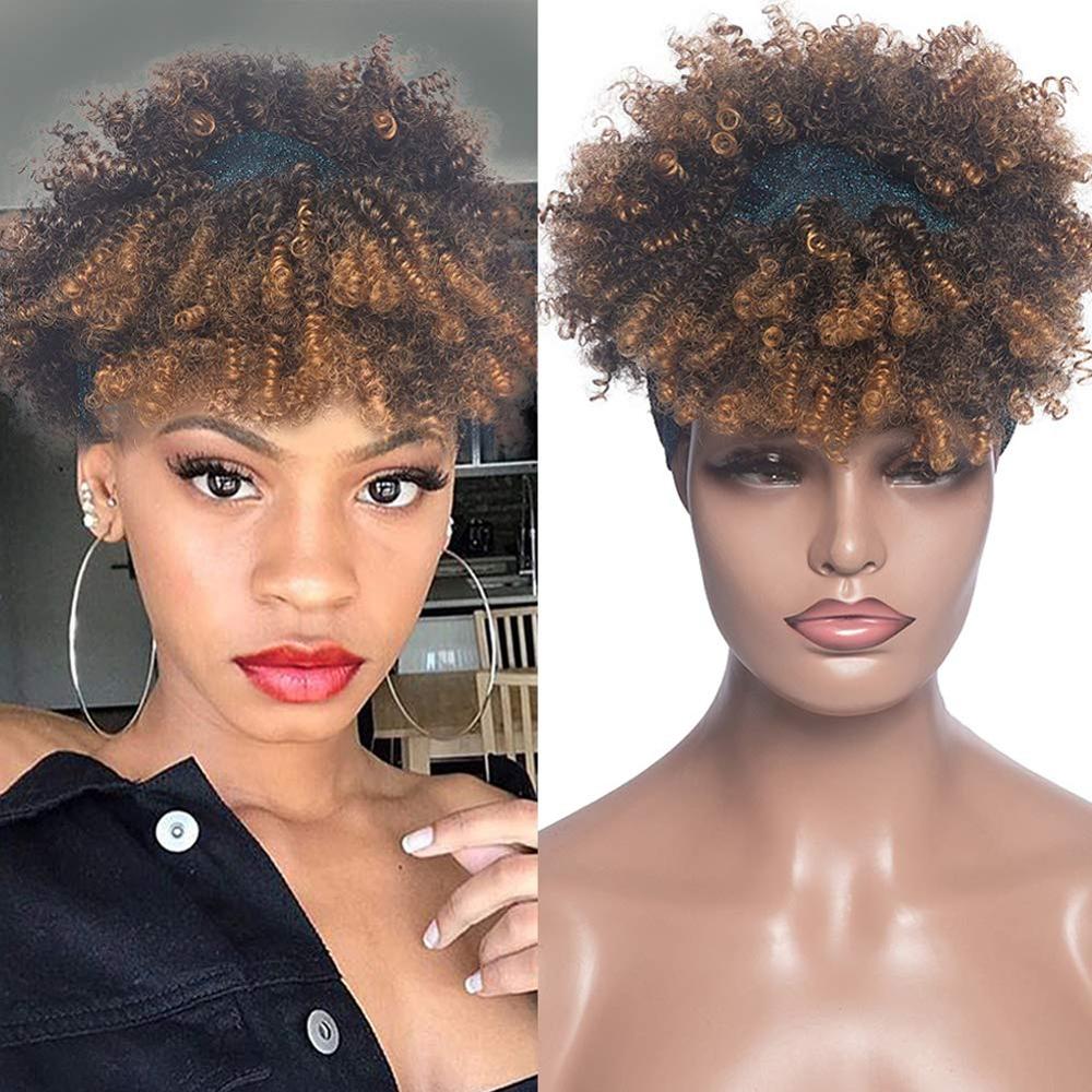 Afro Puff Turban Synthetic Wig Short Kinky Curly Headwrap Drawstring Wrap-wig 2 in 1 Updo Head-Wrap Wig for Black Women: #1B
