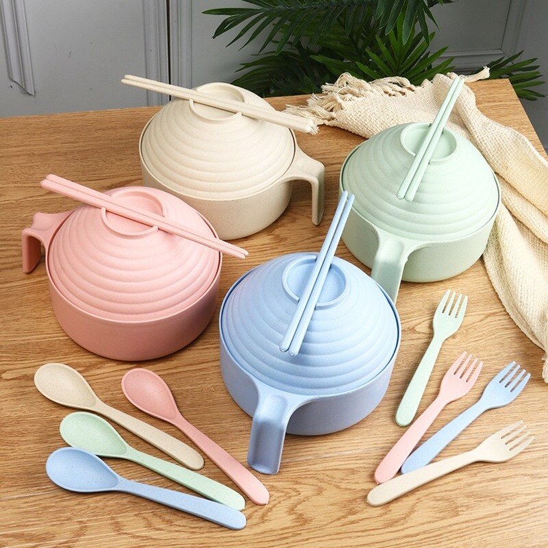 1Set Noodles Bowl with Lid Handle Dinnerware Wheat Straw Style Soup Bowl Microwavable Bowl Electric Lunch Box Food Container