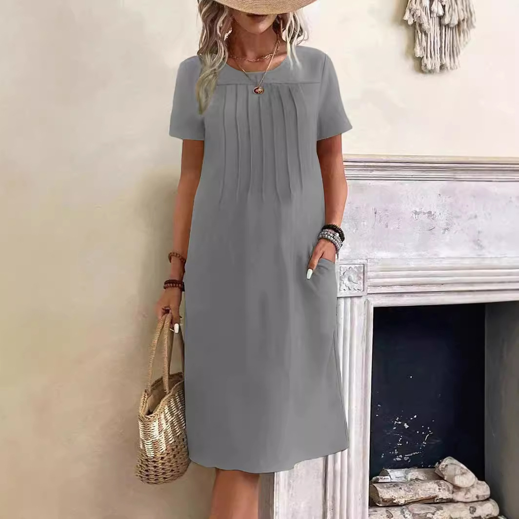 Women Short Sleeved Urban Casual Beach Dress Camisole Style Loose Waist Vacation Solid Office Lady Basic Short Dresses