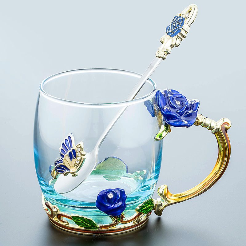 Enamel Water Cup Glass Cup Household Set Flower Tea Crystal Coffee Mug Beer Mug with Handle Wedding Tableware: E