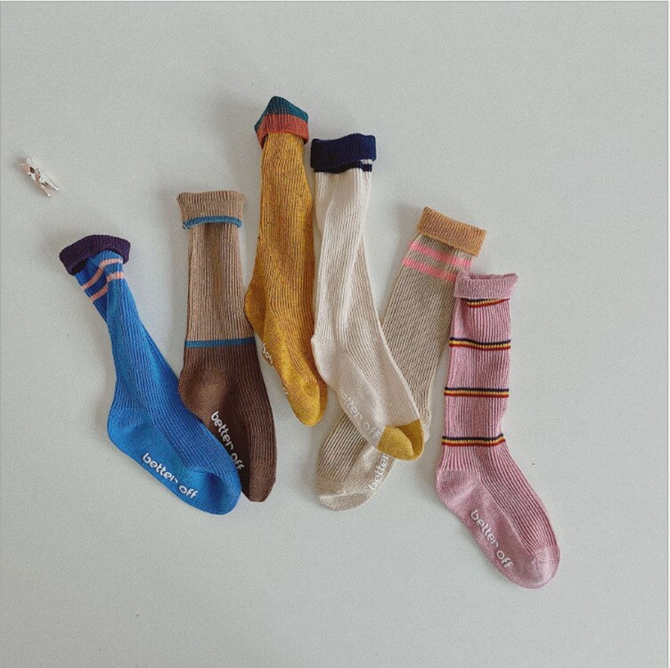 Herfst Winter Retro Kinderen Lange Sokken Patchwork Kleur Unisex Kinderen Gebreide Sokken 6 Pairs