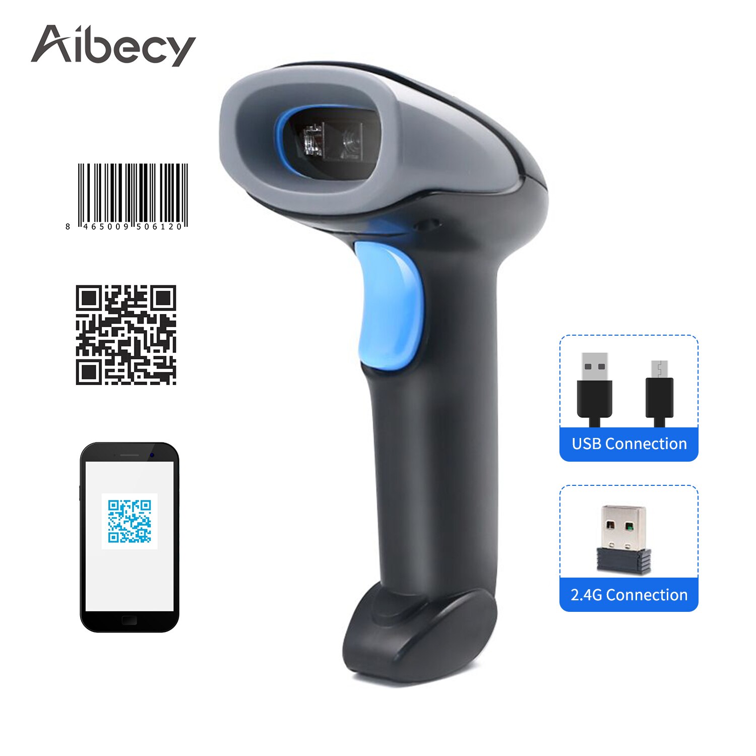 Aibecy Handheld Barcode Scanner 1D/2D/QR Code Scanner 2,4G Wireless & USB Verdrahtete Bar Code Reader für Supermarkt Einzelhandel