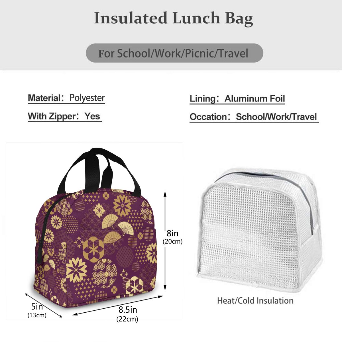 Japanse Fans Aziatische Bloemen Koeltas Draagbare Rits Thermische Lunch Tas Handig Lunchbox Tote Voedsel Zak