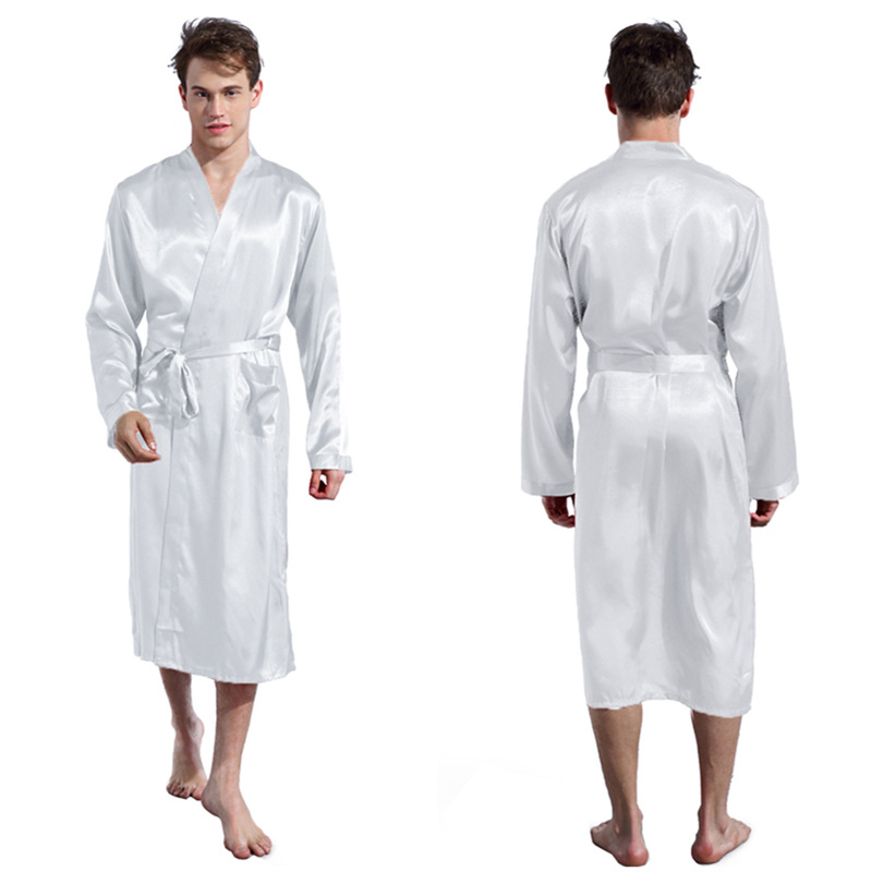 Hvit ensfarget langermet kinesisk herre rayon-kåpe kjole mannlig kimono badekåpe nattøy nattøy pyjamas sml xl xxl