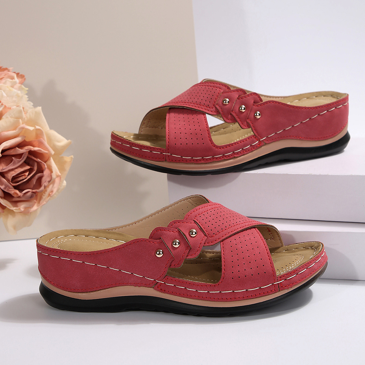 Vintage Mid Hak Strappy Rug Open Teen Slide Sandalen-Zachte Faux Lederen Bovenkant, Comfortabele Pu-Zool Comfortabele Schoenen Voor Dames