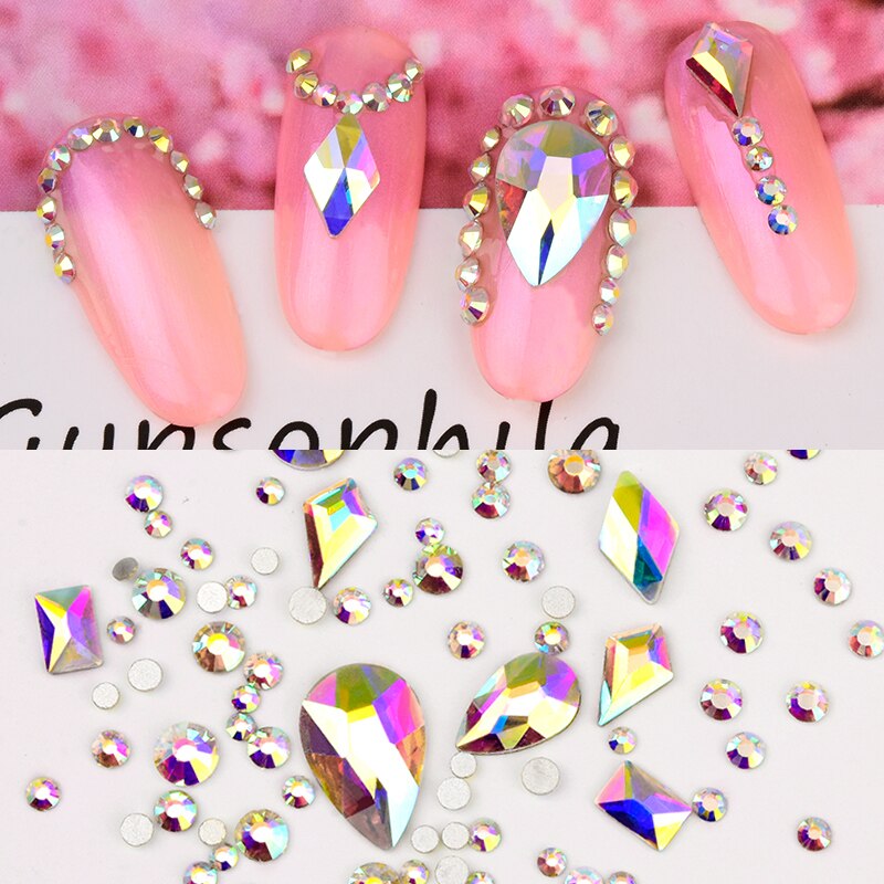 1 Box Nail Strass Ab Kleur Platte Terug Bottom Bling Crystal Mixed Size Vorm Gems Kralen Kleurrijke 3D Nail Art decoraties