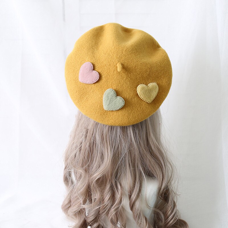 Boina bonita Kawaii Little love para niñas, gorros morados de Lolita dulce, boina de fieltro de lana hecha a mano para mujeres,: Oro