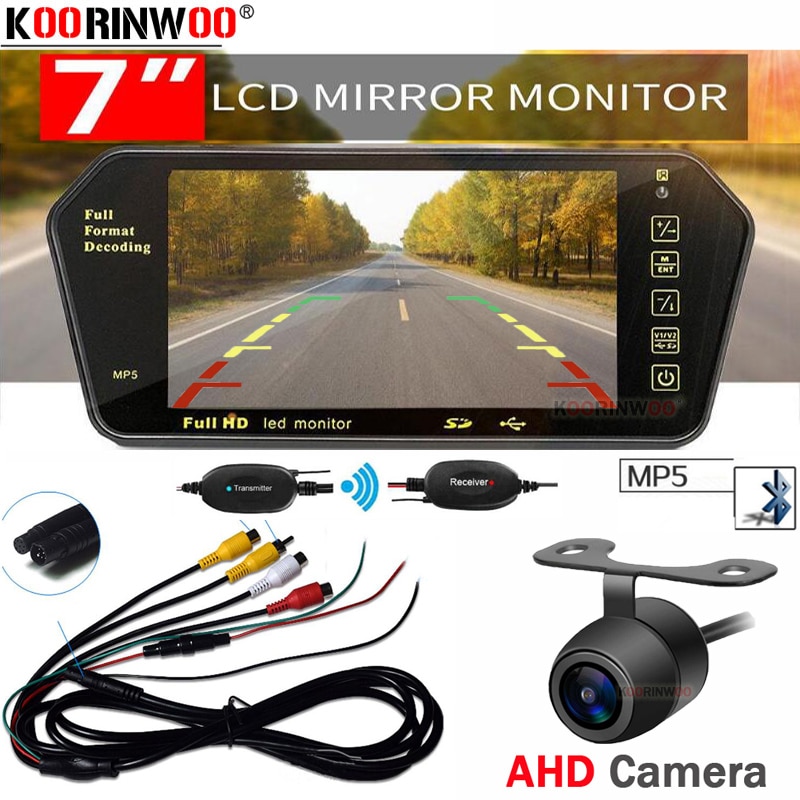 Koorinwoo Draadloze kit Auto Parking 7 ''TFT Lcd Monitor Spiegel Bluetooth MP5 FM CCD Achteruitkijkspiegel Reverse camera Terug up Cam