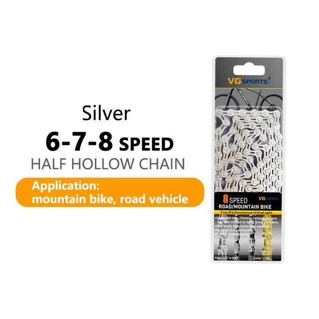 Vg sport cykelkedja 6 7 8 9 10 11 speed 8s 9s 10s 11s velocidade titanium regnbåge guld mtb mountain road cykelkedjor delar: Silver 8 hastigheter