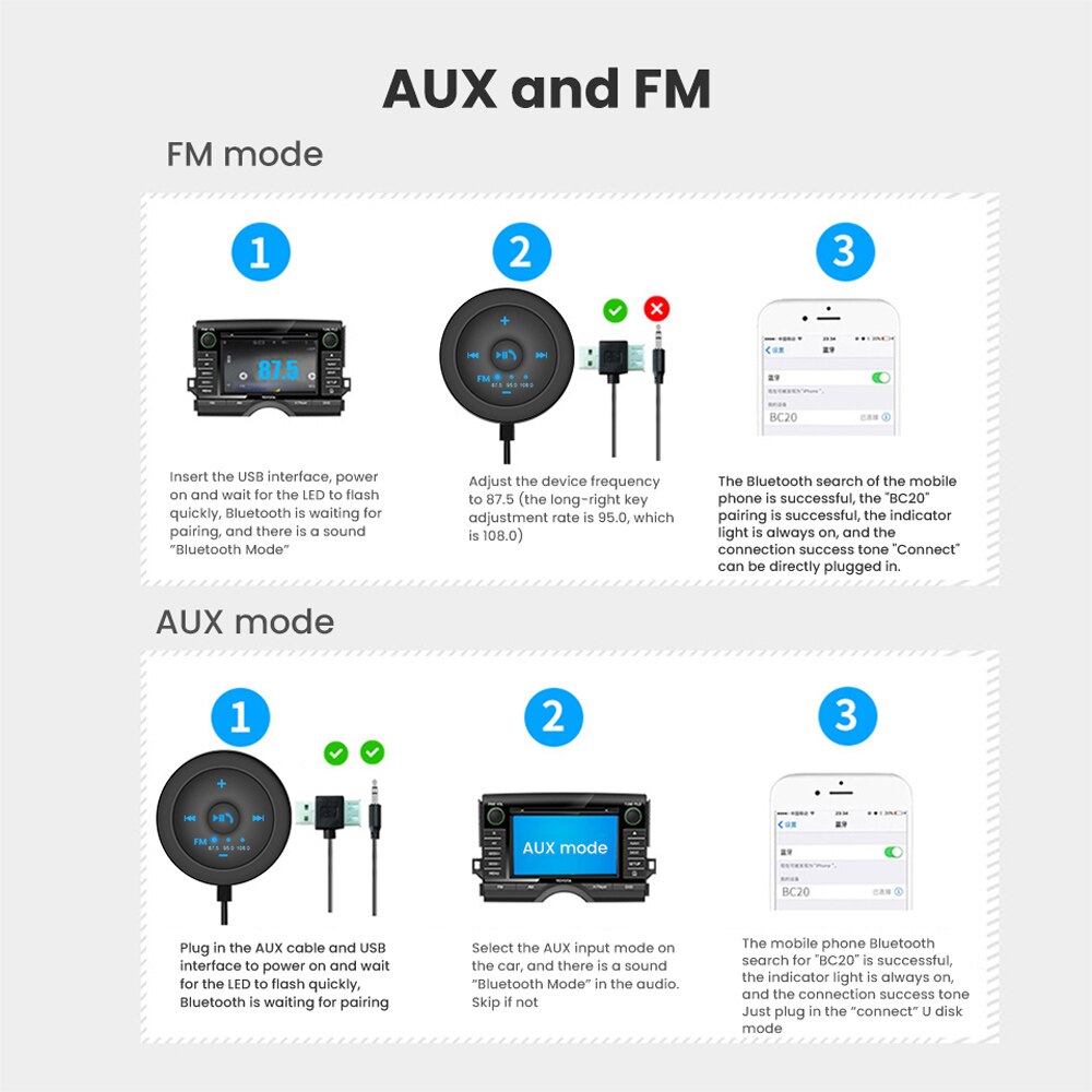 Aoshike 12v 24v bil bluetooth fm-sändare bluetooth  v5.0 edr bil bluetooth-mottagare med kabelingång aux fm-sändare