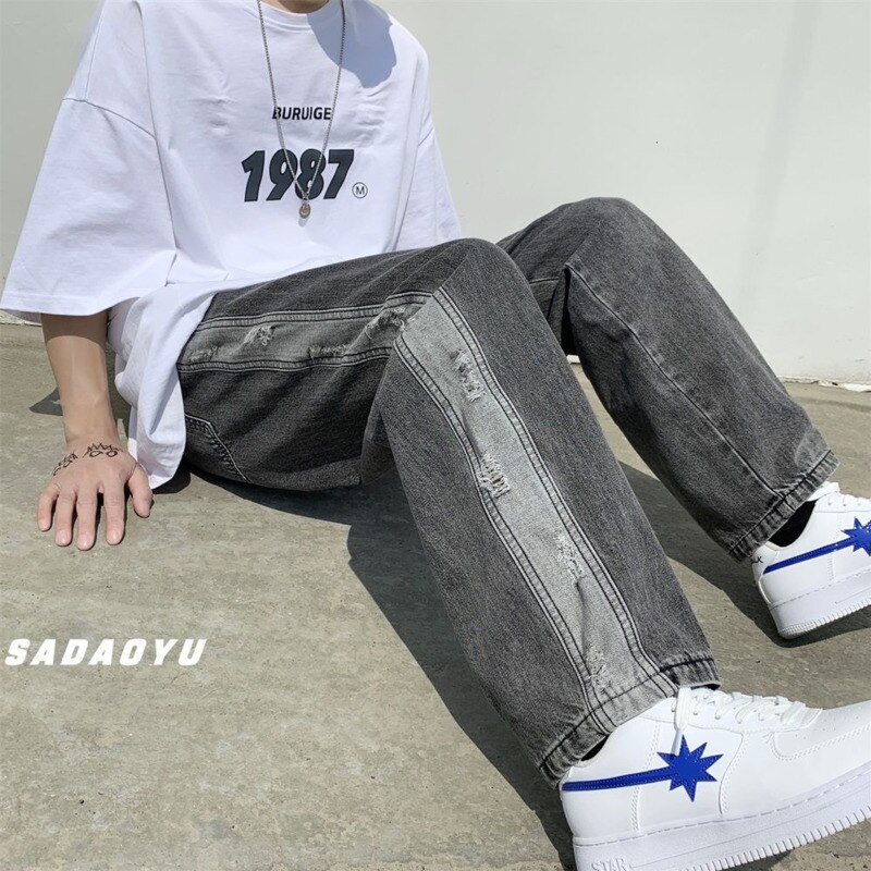 Summer Ripped Wide-leg Jeans Men's Retro Harajuku Baggy Jeans Men Streetwear Loose Hip-hop Straight Denim Trousers Mens