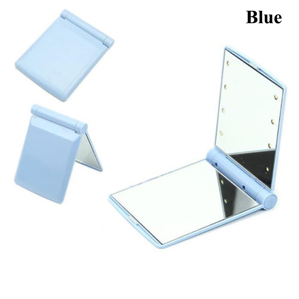 Espejo de maquillaje plegable portátil para mujer, espejo compacto con 8 luces LED, para maquillaje, 1 unidad: Blue