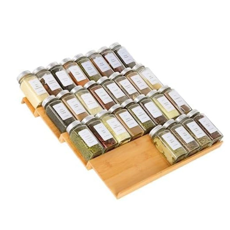 Bamboo Spice Rack Tray Drawer Organizer - Adjustable Multi-layer Kitchen Countertop Storage for Spices Utensils