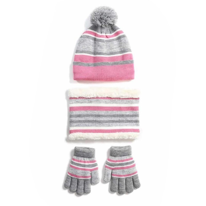 Børn vinterstrik 3 stk beanie hat tørklæde handsker sæt kontrast farve stribet tyk plys foret pompom kraniet cap hals varmere: Pk