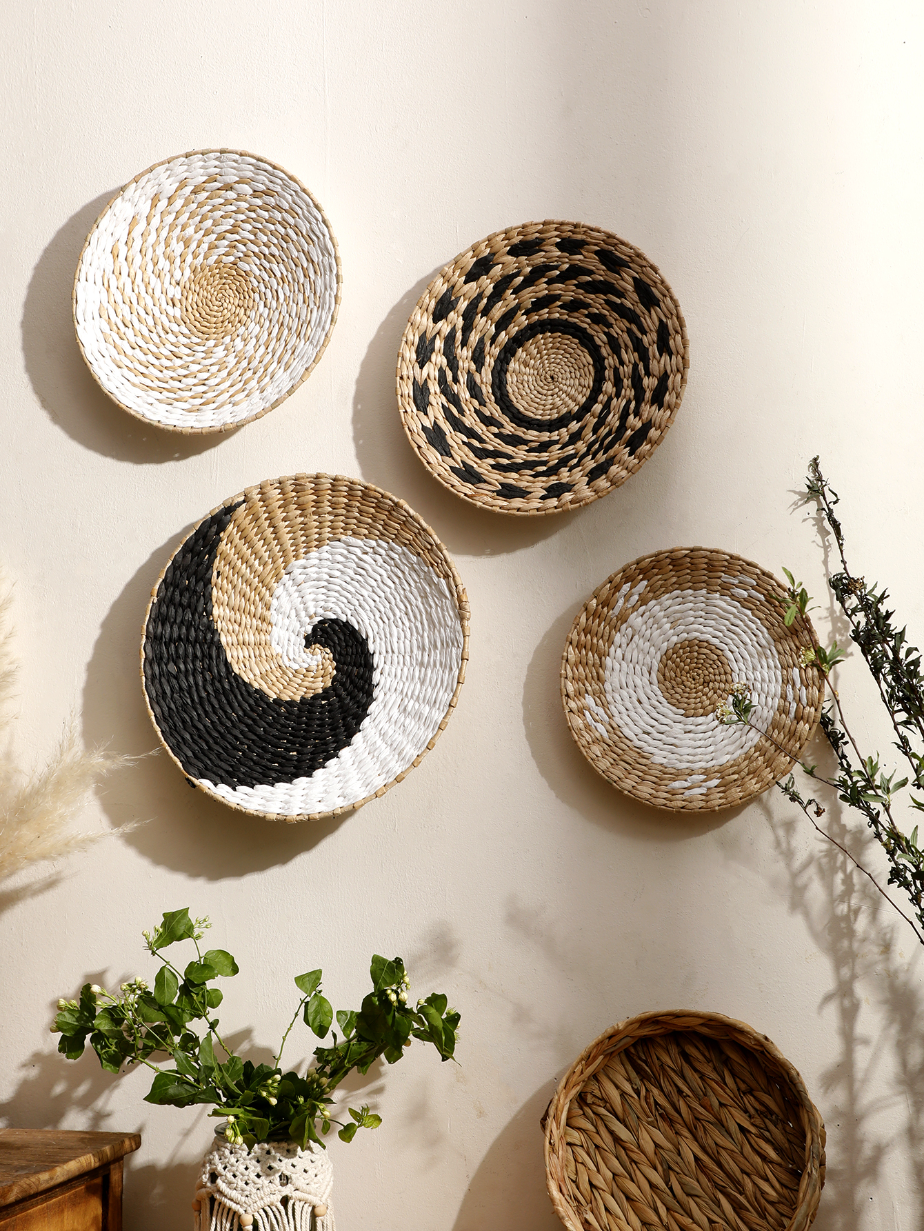 Väggkorgdekor boho handgjord sjögräs väggbonad dekor naturlig korg väggkonst för kök sovrum vardagsrum prydnad