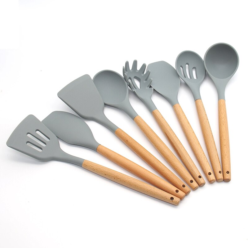 Silicone Cooking Utensils Kitchen Utensil Set Non-stick Heat Resistant Silicone,Cookware with Wooden Handle: 8 Pcs