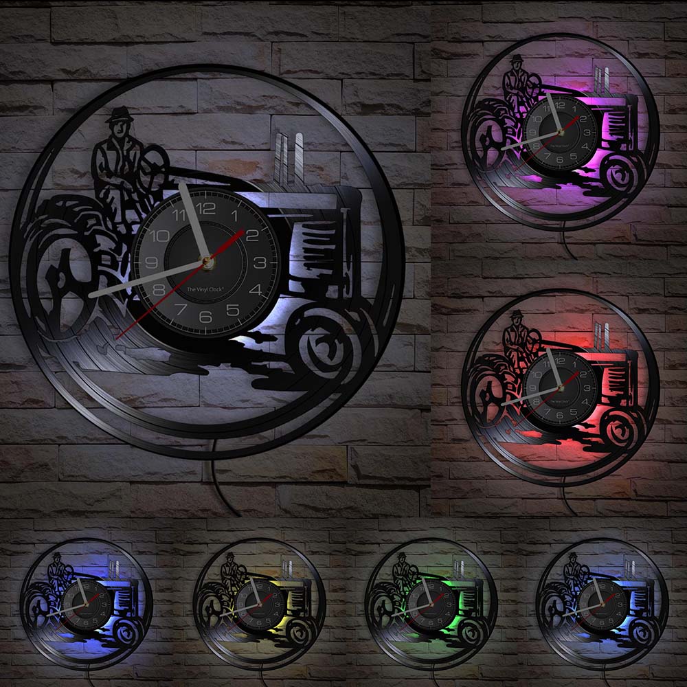 årgang gård lastebil veggklokke høster vinyl tallerken vegg klokke plukke opp lastebil traktor gårdshus hjem vegg dekor bønder: Med ledet