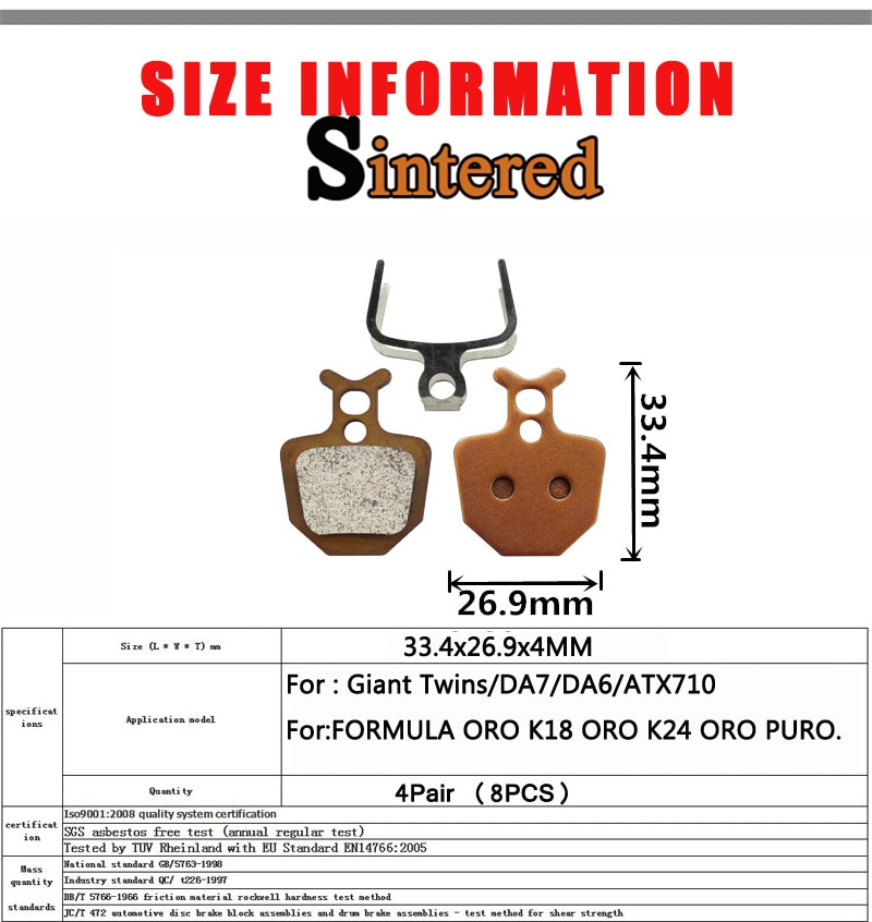 4 Pair Mountain MTB E-BIKE Sintered Bicycle Disc Brake Pads For FORMULA ORO K18 K24 PURO GIANT Twins DA7 DA6 Accessories